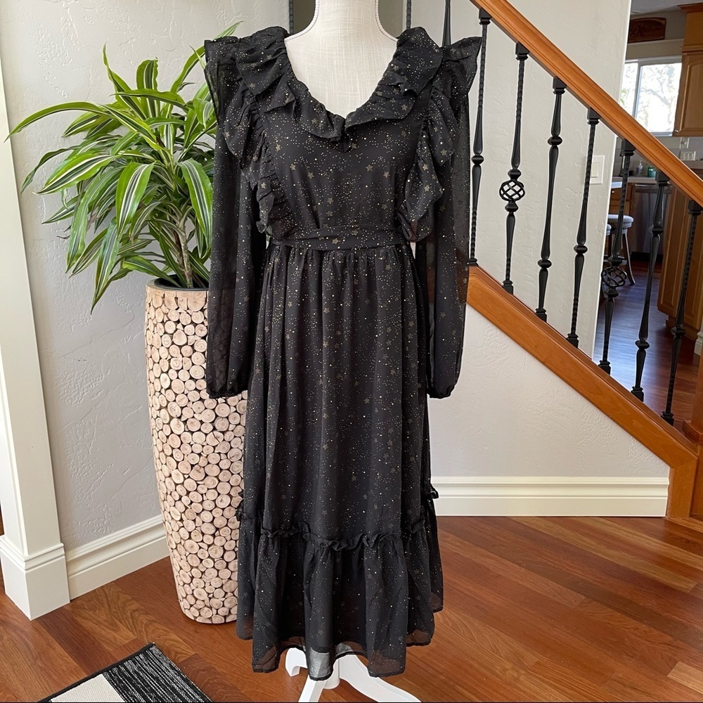 Anthropology Women's Whimsical Chiffon Black and Gold Accents Midi Dress Sz. M